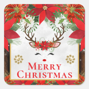 Sticker Carré Renne Élégant Poinsettia Joyeux Noël