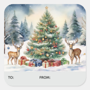 Sticker Carré Rennes dans la neige avec arbre de Noël À DE