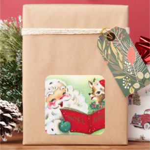 Sticker Carré rennes de Noël rétro vintage Père Noël