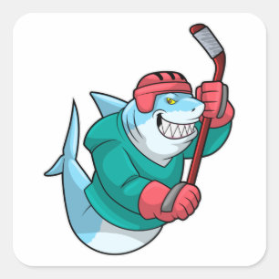 Sticker Carré Requin au hockey sur glace avec bâton de hockey su