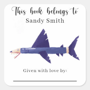 Sticker Carré Requin-crayon - Ce livre appartient à avec message