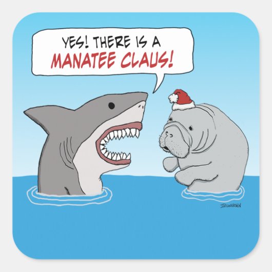Sticker Carré Requin mignon et drôle et Manatee Claus (Devant)