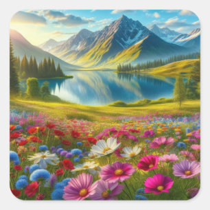Sticker Carré Ressort coloré/lac de montagne fleuri