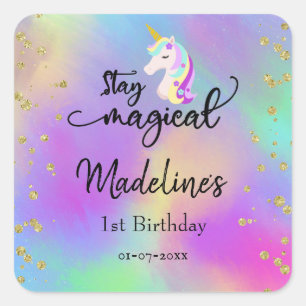 Sticker Carré Restez magique Unicorne colorée Anniversaire