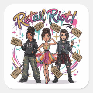 Sticker Carré Retail Riot – Trio de mode urbaine, glamour et gru