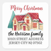 Sticker Carré Retour Adresse Aquarelle Maison de Noël (Devant)