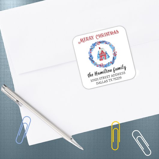 Sticker Carré Retour Adresse Red House Wreath Joyeux Noël
