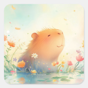 Sticker Carré Retraite de l'étang aux fleurs de capybara