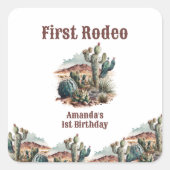 Sticker Carré Retro 1er Rodéo Cactus Occidentaux Anniversaire (Devant)