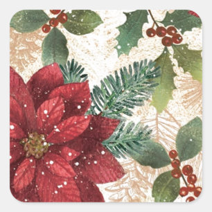 Sticker Carré Rétro 50 Poinsettia Rouge Vert Crème