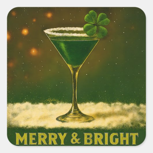 Sticker Carré Retro 50s 4 Leaf Clover Irish Christmas Martini (Devant)