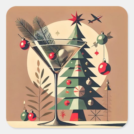 Sticker Carré Retro 50s Jet Set Christmas Tree Martini (Devant)
