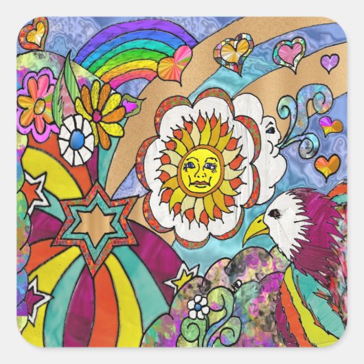 Sticker Carré Retro 60s Psychedelic Sunshine Aigle Cadeaux (Devant)