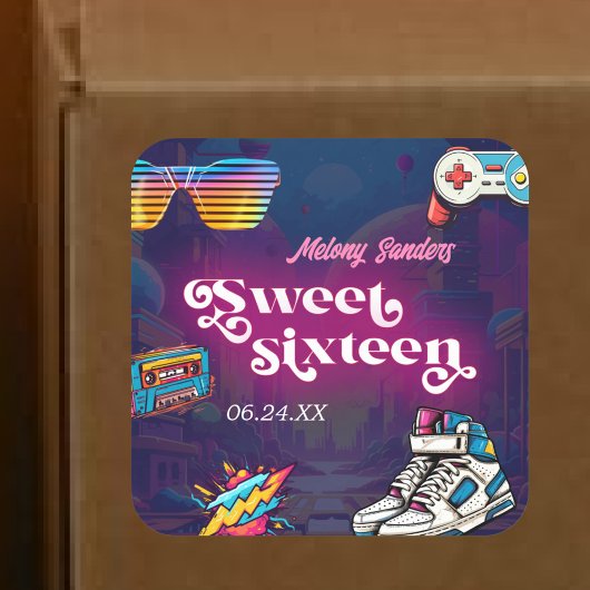 Sticker Carré Retro 80's Sweet 16 fête d'anniversaire