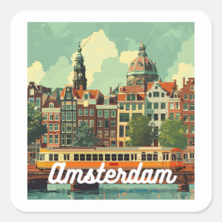 Sticker Carré Retro Amsterdam Skyline