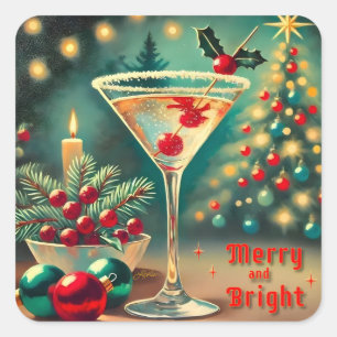 Sticker Carré Retro années 50 Cocktail Martini Noël Merry Bright