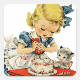 Sticker Carré Rétro Anniversaire Fille Cake Cat Enfants Artwork