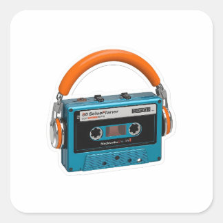 Sticker Carré Retro Blue Cassette Tape with Orange Headphones St