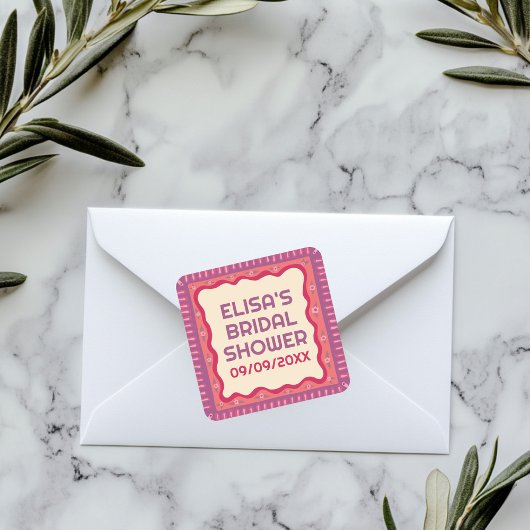 Sticker Carré Retro Boho Fun Mariage Fait Main sur Mesure Shower