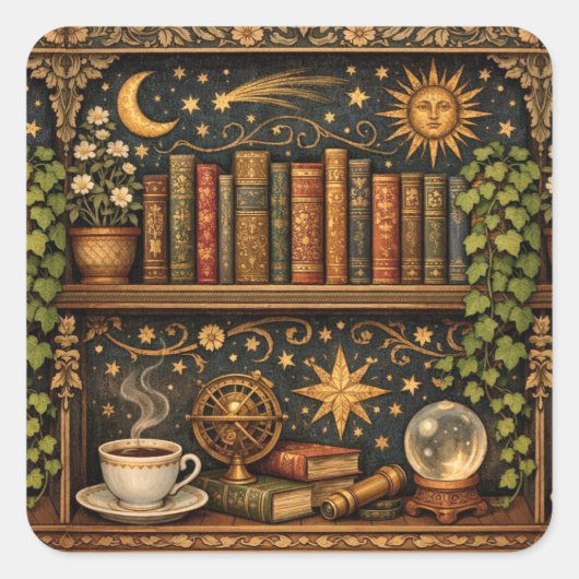 Sticker Carré Retro book shelf book lover celestial stars (Devant)