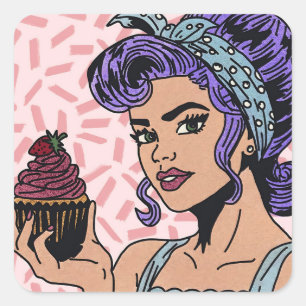 Sticker Carré Retro Cupcake Pop Art Style de bande dessinée