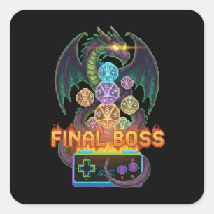 Sticker Carré Retro Dragon du Boss Final & Dice Gamer TTRPG Pi