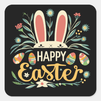 Sticker Carré Retro Floral Happy Easter Bunny Boho Spring