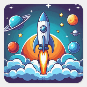 Sticker Carré Retro, fusée spatiale