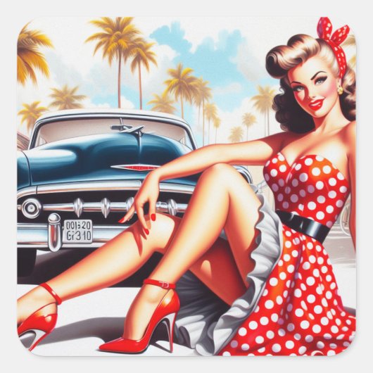 Sticker Carré Retro Girl Classic Pin Up (Devant)