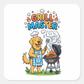 Sticker Carré Rétro Golden Retriever Maître du Grill Graphique d
