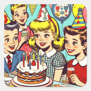 Sticker Carré Retro Kids Party Comics