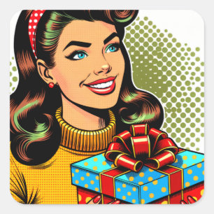 Sticker Carré Retro Lady tenant un cadeau d'anniversaire