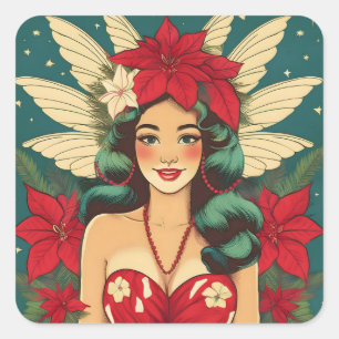 Sticker Carré Retro les années 50 Tropical Christmas Pin-Up Girl