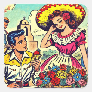 Sticker Carré Retro Love Couple Comic