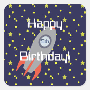 Sticker Carré Retro Rocket Ship and Stars Joyeux anniversaire