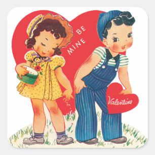 Sticker Carré Rétro Saint-Valentin, cœurs de fille et de garçon