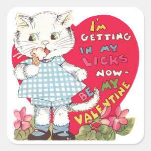 Sticker Carré Retro Saint-Valentin Vintage Chat Mangeant de la C