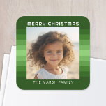 Sticker Carré Retro Stripes - Christmas Green - Simple Photo<br><div class="desc">Motif rétro à rayures vertes avec un accueil simple et signature familiale. Ajoutez votre selfie favori ou votre instantané de famille. Utilisez une photo carré pour créer ce salut de vacances unique et personnel. Un motif rétro rayé dans les tons verts est à l'arrière - plan.</div>