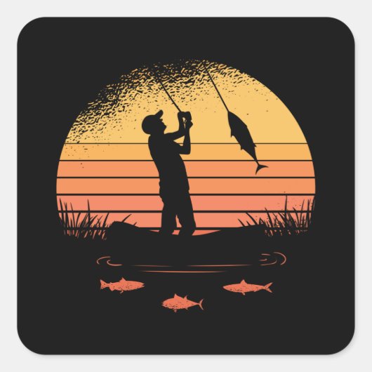 Sticker Carré Retro Sunset Fisher Lake Cadeau de pêche (Devant)