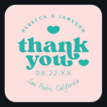Sticker Carré Retro Union rose et Merci Mariage Turquoise<br><div class="desc">Police d'inspiration rétro "Merci" avec les coeurs,  dans des couleurs modifiables pour l'arrière - plan et les graphiques.</div>