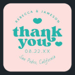 Sticker Carré Retro Union rose et Merci Mariage Turquoise<br><div class="desc">Police d'inspiration rétro "Merci" avec les coeurs,  dans des couleurs modifiables pour l'arrière - plan et les graphiques.</div>