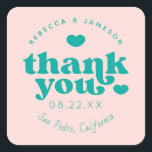 Sticker Carré Retro Union rose et Merci Mariage Turquoise<br><div class="desc">Police d'inspiration rétro "Merci" avec les coeurs,  dans des couleurs modifiables pour l'arrière - plan et les graphiques.</div>