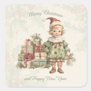 Sticker Carré Retro Vintage Boy Cadeaux de Noël Holly