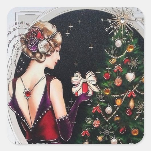 Sticker Carré Retro vintage Christmas art déco lady (Devant)