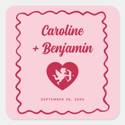 Sticker Carré Retro Wavy Frame Red Pink Cupid Heart Wedding (Devant)