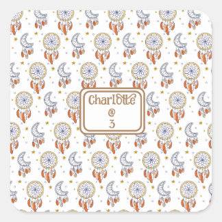 Sticker Carré Retro Whimsical Boho Nom du Motif Anniversaire