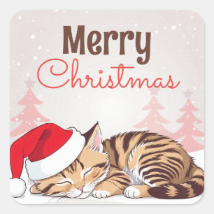 Sticker Carré Rêves de Noël - Chatons endormis en chapeau de Pèr
