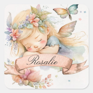 Sticker Carré Rêves doux floraux fantaisistes Fille fée endormie