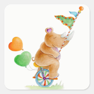 Sticker Carré Rhinocéros sur un monocycle de l'aquarelle