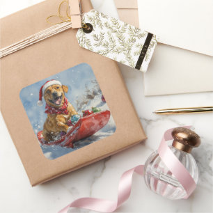 Sticker Carré Rhodesian Ridgeback Dog dans Sledge Noël